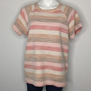 Christopher & Banks peach pink cream striped short sleeve sweater L